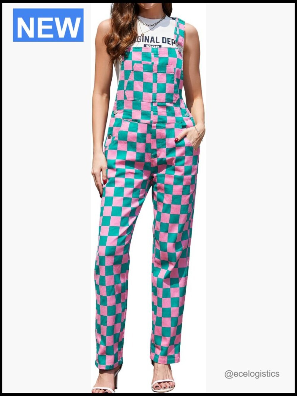 Women's Checkered Overalls Fashion Stretch Denim Jumpsuit Bib Coveralls
